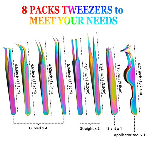 8 Pieces Eyelash Extension Tweezers Set Straight and Curved Tip False Lash Tw...
