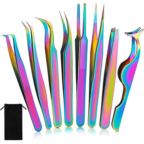 8 Pieces Eyelash Extension Tweezers Set Straight and Curved Tip False Lash Tw...