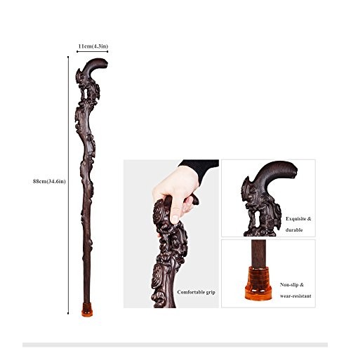 HXZXH Wood Cane with Supportive Curved Handle Gift Exquisite Carving Walking ...
