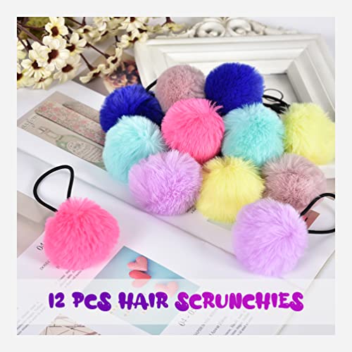 12 Pcs Pom Pom Hair Ties, Fuzzy Ball Hair Ties Cute Elastic Ponytail Holders ...