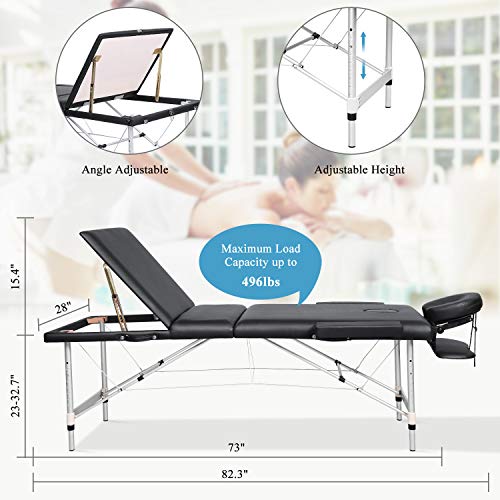 Massage Table Portable Massage Bed Aluminum 3 Section 9 Height Adjustment wit...