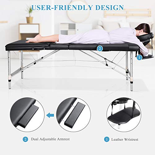 Massage Table Portable Massage Bed Aluminum 3 Section 9 Height Adjustment wit...