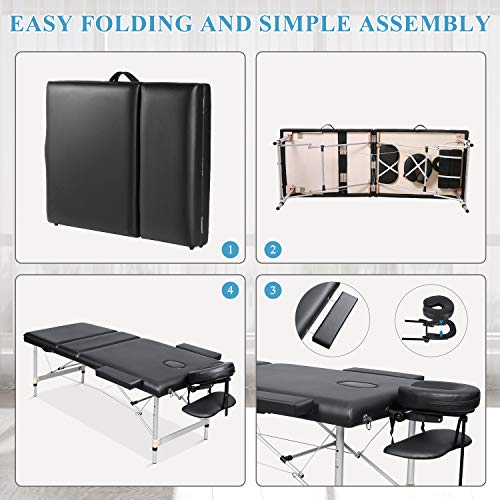 Massage Table Portable Massage Bed Aluminum 3 Section 9 Height Adjustment wit...