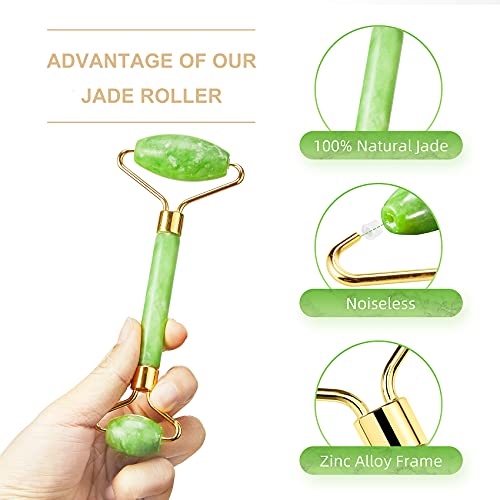 (Drawstring Pouch) Authentic Natural Stone Jade Roller for Face Eyes Neck Bod...