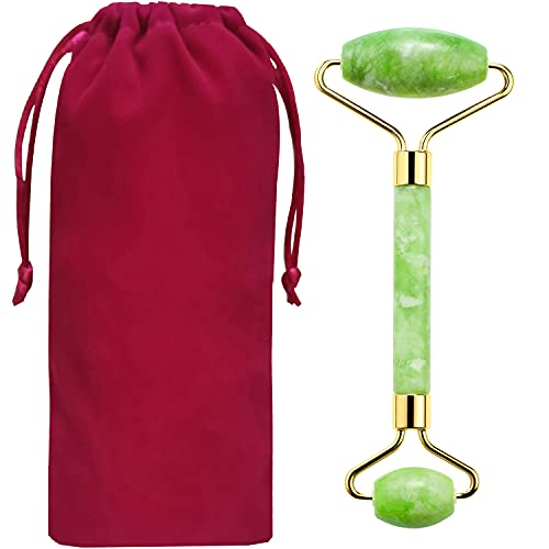 (Drawstring Pouch) Authentic Natural Stone Jade Roller for Face Eyes Neck Bod...
