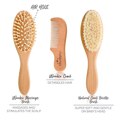 Natemia Premium Wooden Baby Hair Brush and Comb Set – Natural Soft Bristles –...