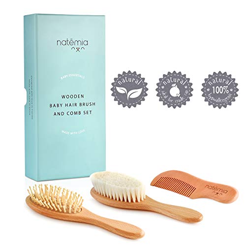 Natemia Premium Wooden Baby Hair Brush and Comb Set – Natural Soft Bristles –...