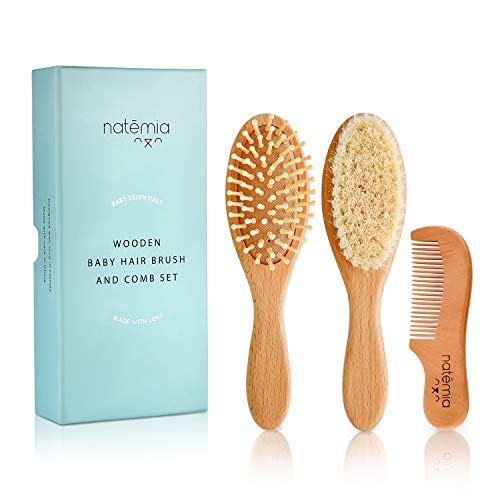 Natemia Premium Wooden Baby Hair Brush and Comb Set – Natural Soft Bristles –...