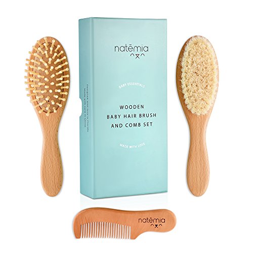 Natemia Premium Wooden Baby Hair Brush and Comb Set – Natural Soft Bristles –...