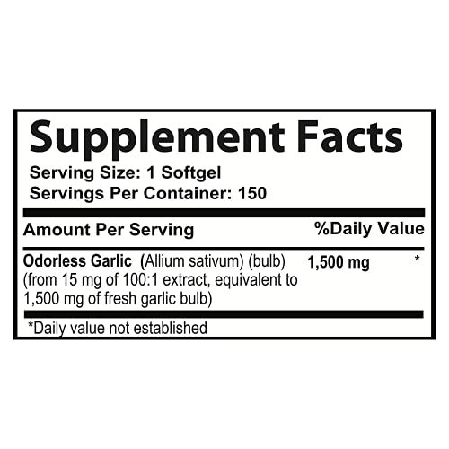 Odorless Pure Garlic 3000 mg per Serving Maximum Strength 150 Soft gels Promo...