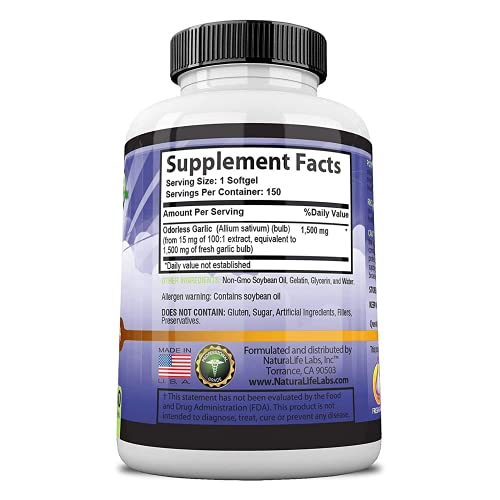 Odorless Pure Garlic 3000 mg per Serving Maximum Strength 150 Soft gels Promo...