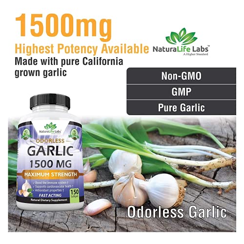 Odorless Pure Garlic 3000 mg per Serving Maximum Strength 150 Soft gels Promo...
