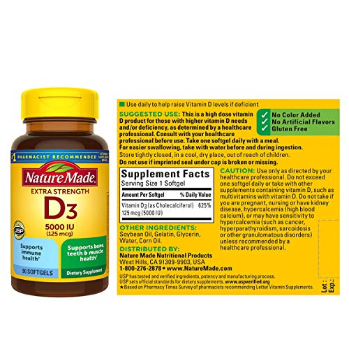 Nature Made Extra Strength Vitamin D3 5000 IU (125 mcg), Dietary Supplement f...