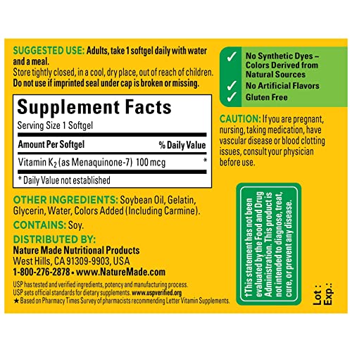Nature Made Vitamin K2 100 mcg, Dietary Supplement for Bone Support, 30 Softg...