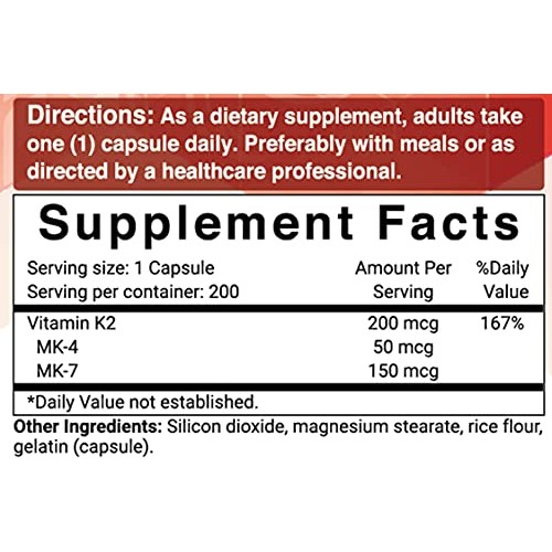 Full Spectrum Vitamin K2 Supplement with MK-7 & MK-4, 200 mcg, 200 Capsules, ...