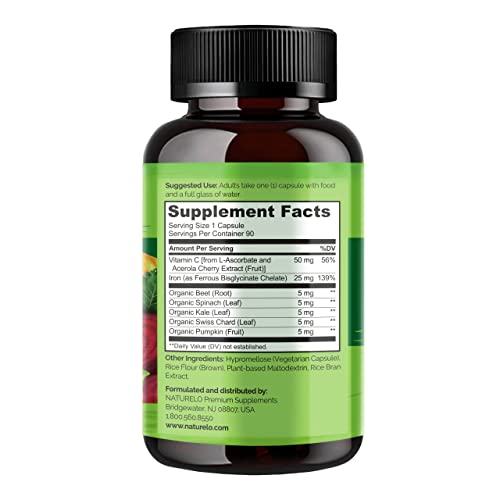 NATURELO Vegan Iron Supplement with Vitamin C and Organic Whole Foods - Gentl...