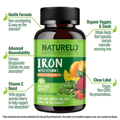 NATURELO Vegan Iron Supplement with Vitamin C and Organic Whole Foods - Gentl...