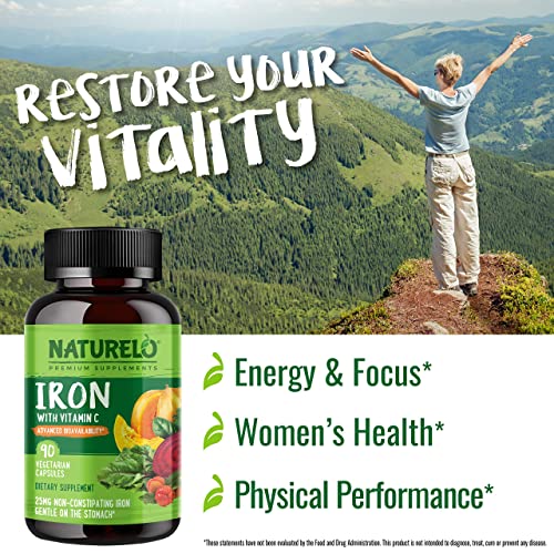 NATURELO Vegan Iron Supplement with Vitamin C and Organic Whole Foods - Gentl...