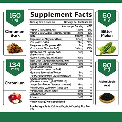 Blood Sugar Support Extra Strength Glucose Support Supplement with Cinnamon, ...