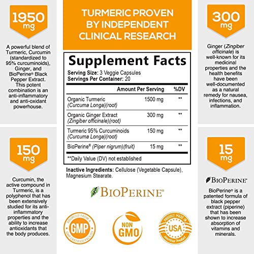 Turmeric Curcumin with BioPerine & Ginger 95% Curcuminoids 1950mg - Black Pep...