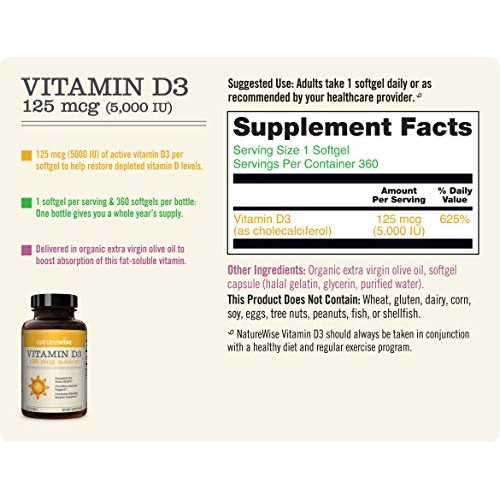 NatureWise Vitamin D3 5000iu (125 mcg) 1 Year Supply for Healthy Muscle Funct...