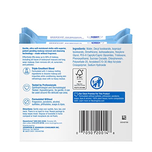 Neutrogena Cleansing Fragrance Free Makeup Remover Facial Wipes, Daily Cleans...