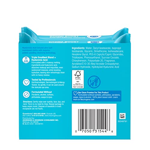 Neutrogena Facial Cleansing Makeup Remover Wipes with Hyaluronic Acid Hydrati...