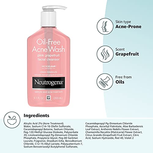 Neutrogena Oil-Free Salicylic Acid Pink Grapefruit Pore Cleansing Acne Wash a...