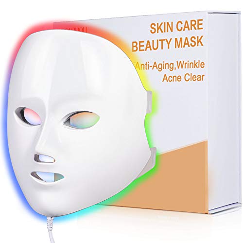 LED Face Mask Light Therapy, NEWKEY LED Facial Skin Care Mask, 7 Colors Red a...