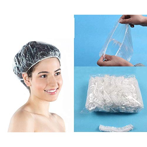 100 PCS Clear Disposable Plastic Shower Caps Large Elastic Thick Bath Cap For...