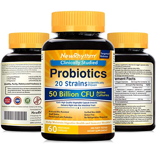 NewRhythm Probiotics 50 Billion CFU 20 Strains, 60 Veggie Capsules, Targeted ...