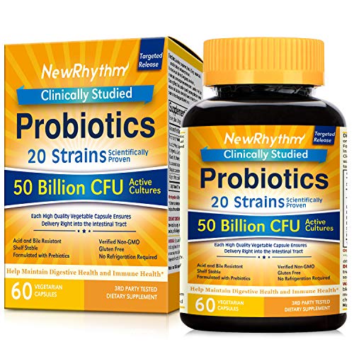 NewRhythm Probiotics 50 Billion CFU 20 Strains, 60 Veggie Capsules, Targeted ...