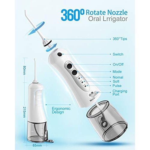 Cordless Water Flosser, Nicefeel 300ML USB Rechargeable and Portable Oral Irr...
