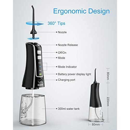 Cordless Water Flosser Teeth Cleaner, Nicefeel 300ML USB Rechargable Portable...