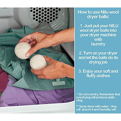 Wool Dryer Balls by Nilu, 6 Pack, XL Size, Reusable, 100% Organic Premium New...