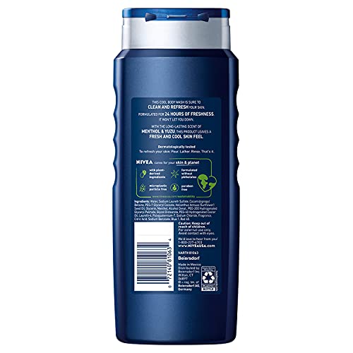 NIVEA MEN Cool Body Wash with Icy Menthol, 3 Pack of 16.9 Fl Oz Bottles