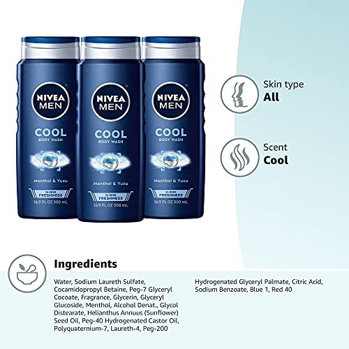 NIVEA MEN Cool Body Wash with Icy Menthol, 3 Pack of 16.9 Fl Oz Bottles