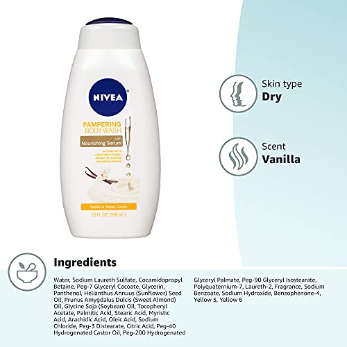 NIVEA Vanilla and Sweet Cream Pampering Body Wash with Nourishing Serum, 20 F...