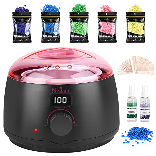 Nivlan Waxing Kit for Women 5 Hard Wax Beans and 30 Wax Applicator Sticks, Bl...