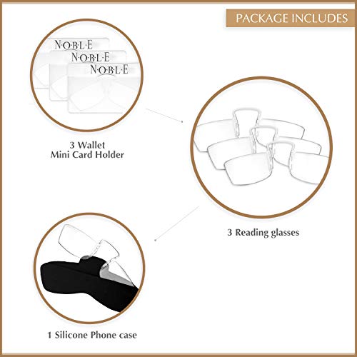 Noble Small Reading Glasses (3 Pack) - Rimless Readers with 3 Wallet Credit C...