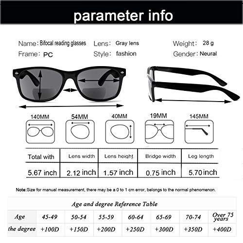 Bifocal Reading Glasses Grey Lens Spring Hinge Plastic Outdoor Sunglasses Fas...