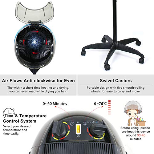 Professional 1300W Adjustable Hooded Floor Hair Bonnet Dryer Stand Up Rolling...