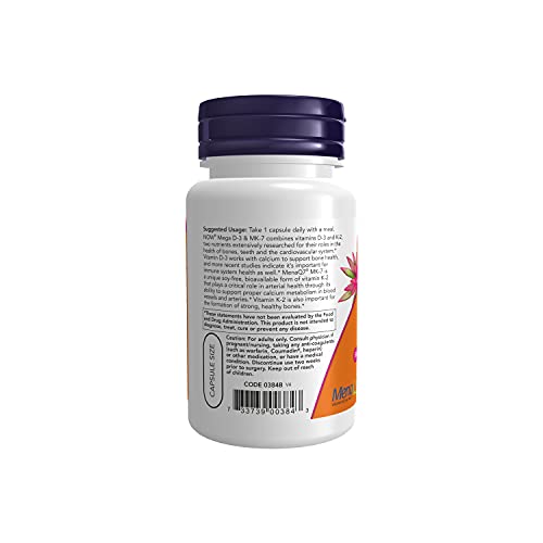 NOW Supplements, Mega D-3 & MK-7 with Vitamins D-3 & K-2, 5,000 IU/180 mcg, B...