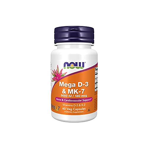 NOW Supplements, Mega D-3 & MK-7 with Vitamins D-3 & K-2, 5,000 IU/180 mcg, B...