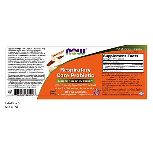 NOW Supplements, Respiratory Care Probiotic, with Clinically Tested NCFM® & B...