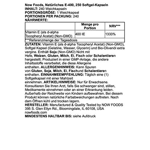 Now Supplements Vitamin E-400 IU D-Alpha Tocopheryl, Antioxidant Protection, ...