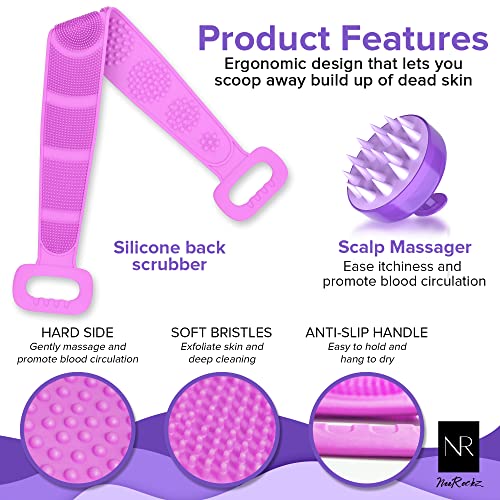 Silicone Scalp Massager and Back Scrubber Shower Set - 31.5 inch Gentle Exfol...
