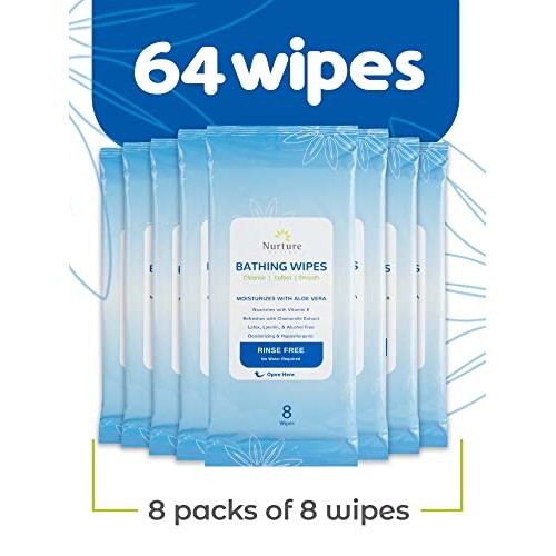 Rinse Free No Shower Bathing Wipes (8-Pack) | 64 Microwavable Adult Cleansing...
