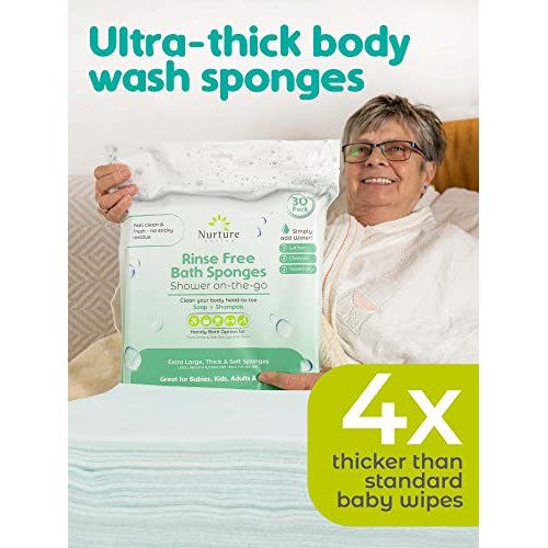 Rinse Free Sponge Bath Wipes (90-pack) | Extra Large & Thick No Rinse Waterle...