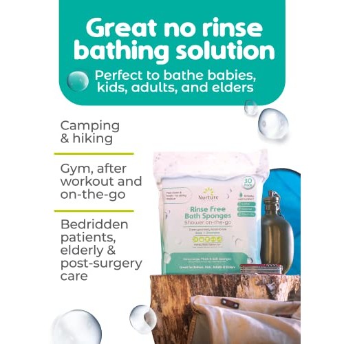 Rinse Free Sponge Bath Wipes (90-pack) | Extra Large & Thick No Rinse Waterle...